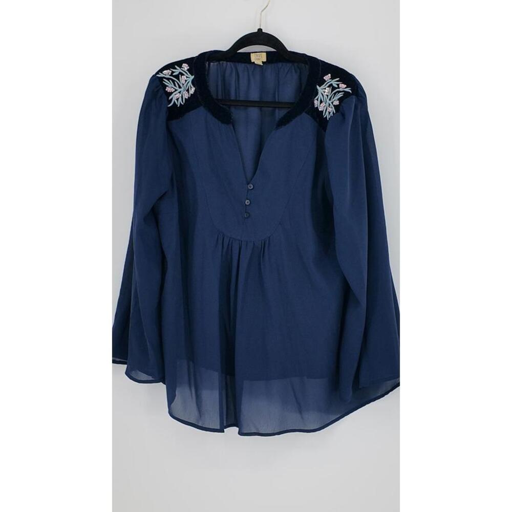 True Craft Women's 2X Navy Blue‎ Embroidered Velvet Accent Blouse Boho Style